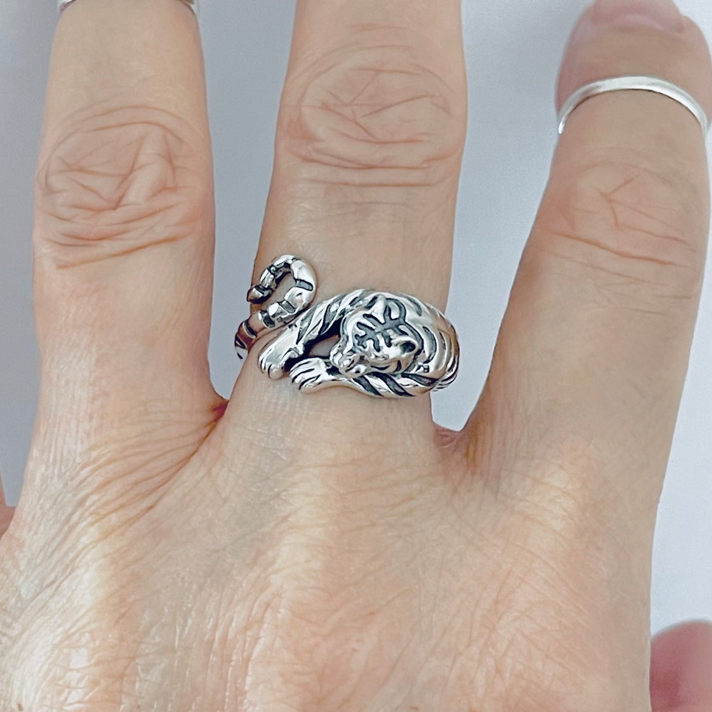 Sterling Silver Delicate Wraparound Tiger Ring, Big Cat, Silver Rings, Animal Ring, Tigers