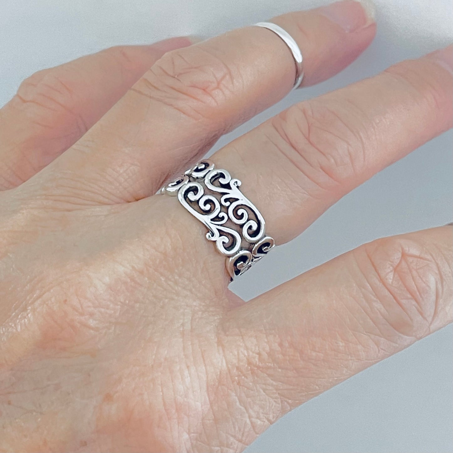 Sterling Silver Eternity Swirls Band Ring, Stackable Filigree Dainty Bands