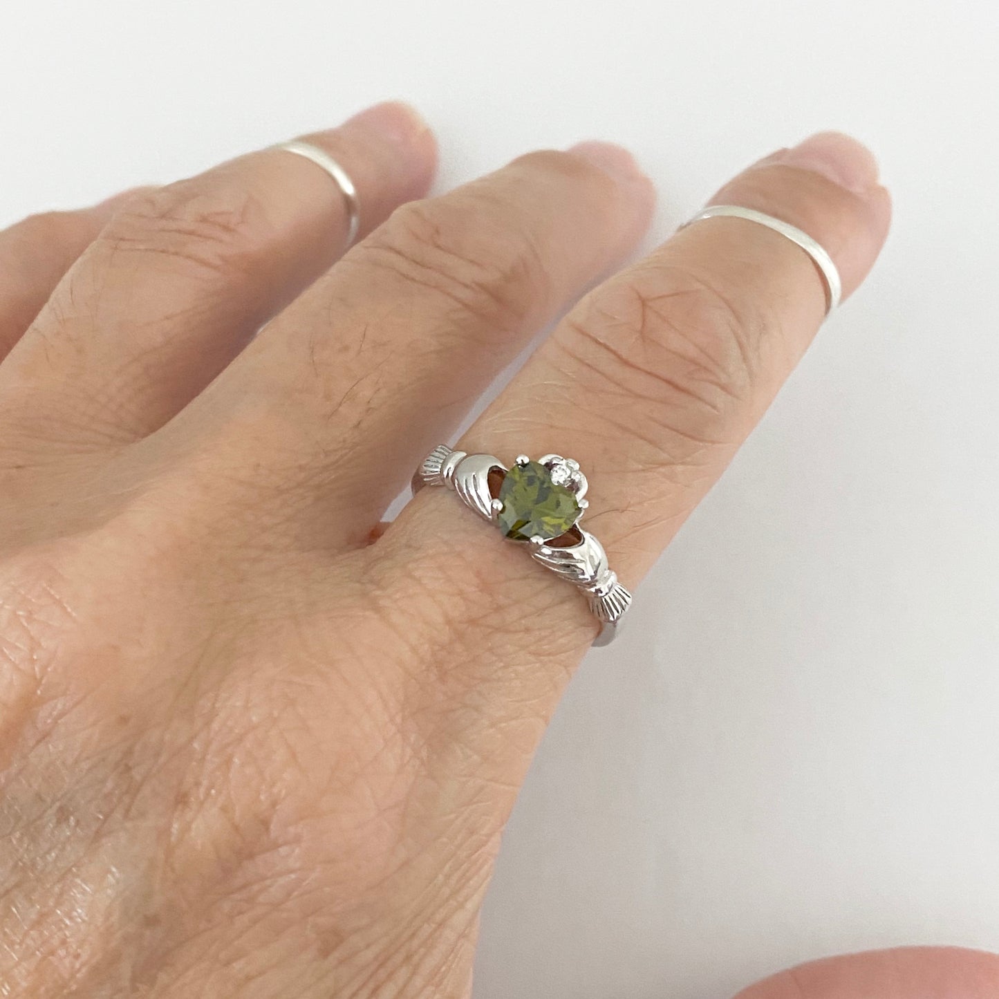 Sterling Silver Peridot CZ Heart Claddagh Ring, August Birthstone Rings, Irish Crown Hearts