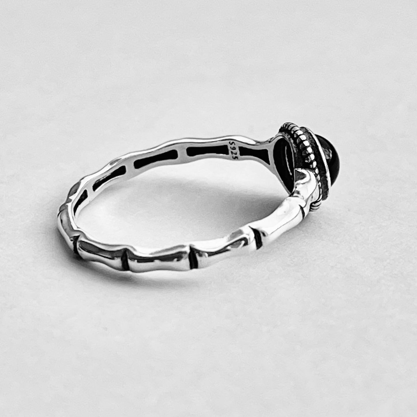 Sterling Silver Minimalist Black Onyx Ring with Bamboo Band, Stone Silver Rings