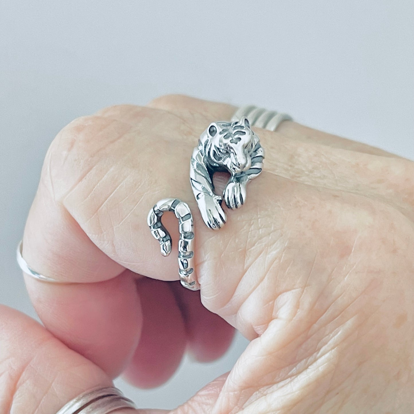 Sterling Silver Delicate Wraparound Tiger Ring, Big Cat, Silver Rings, Animal Ring, Tigers