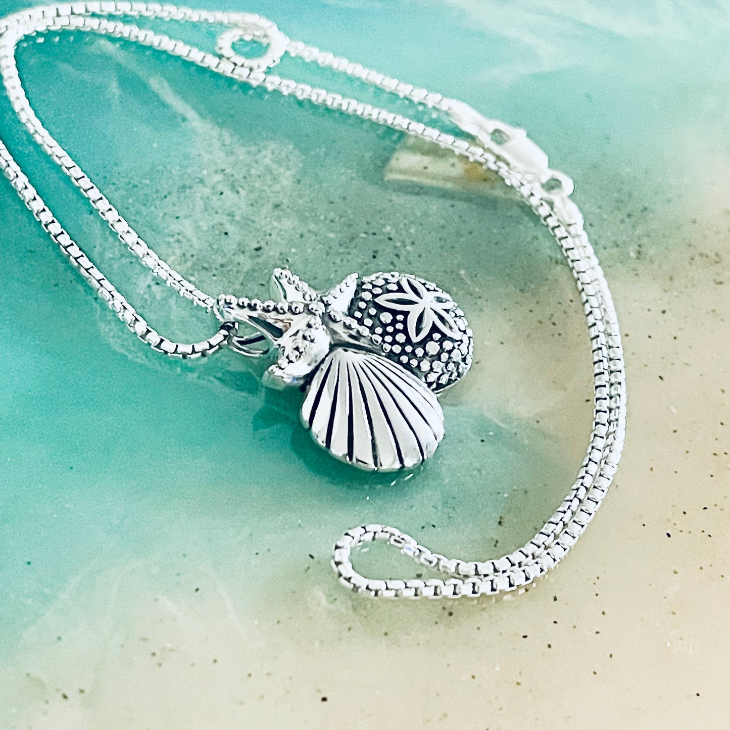 Sterling Silver Seashells Necklace | Starfish & Sand Dollar Ocean Jewelry