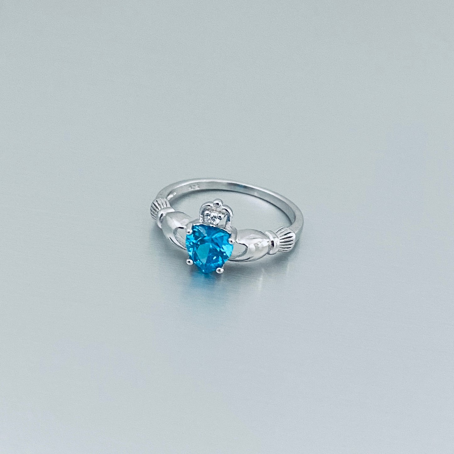 Sterling Silver Blue Topaz CZ Heart Claddagh Ring, December Birthstone Rings, Irish Crown Jewelry