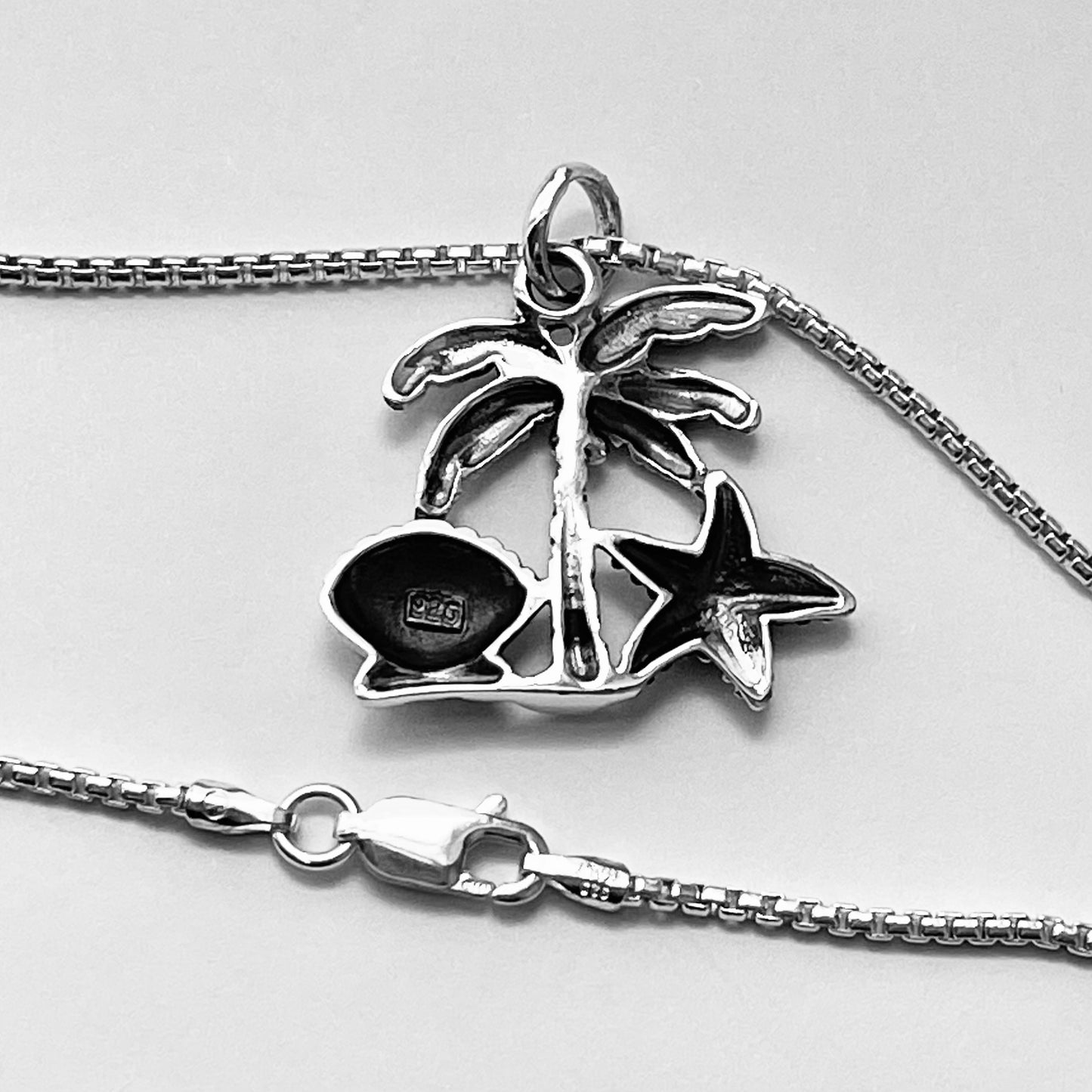 Sterling Silver Coconut Tree and Seashells Necklace, Starfish Chain, Palm Trees, Beach Necklaces
