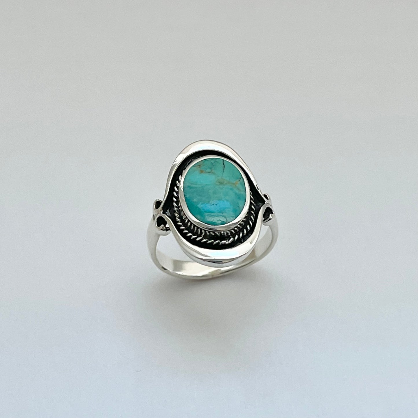 Sterling Silver Bali Style Round Genuine Turquoise Ring, Silver Statement Rings, Stone Ring