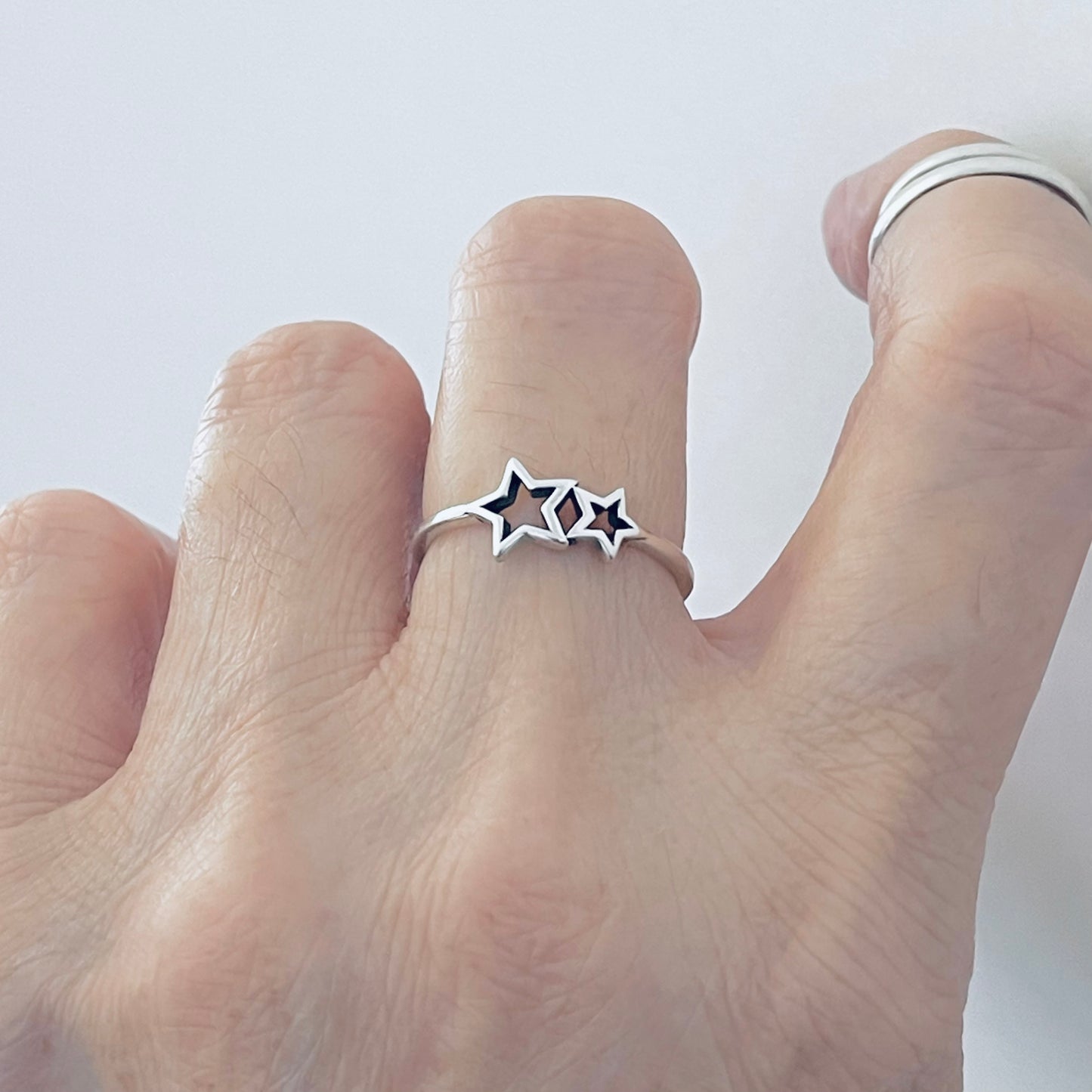 925 Sterling Silver Small Two Open Star Ring | Dainty Celestial Silver Jewelry