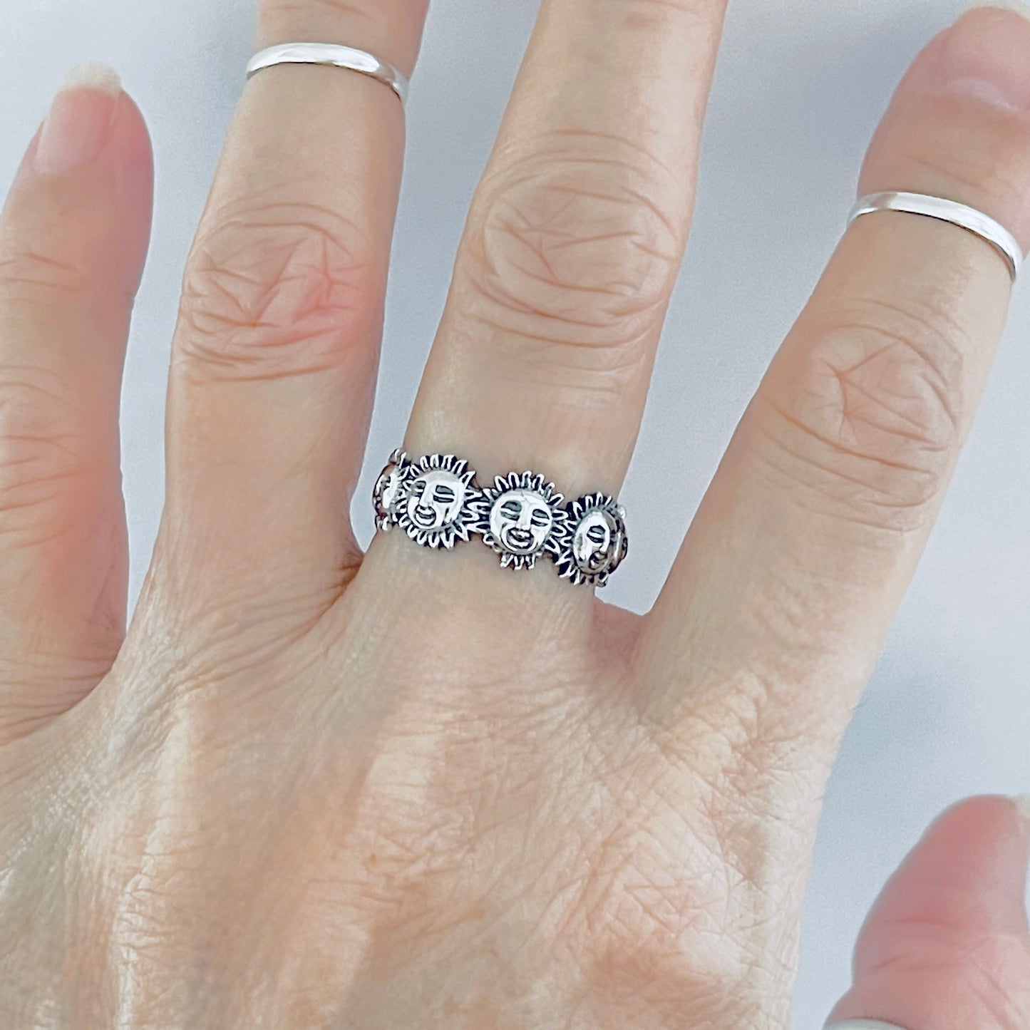 Sterling Silver Unisex Sunny Faces Ring, Silver Rings, Celestial Ring, Sun, Sunshine