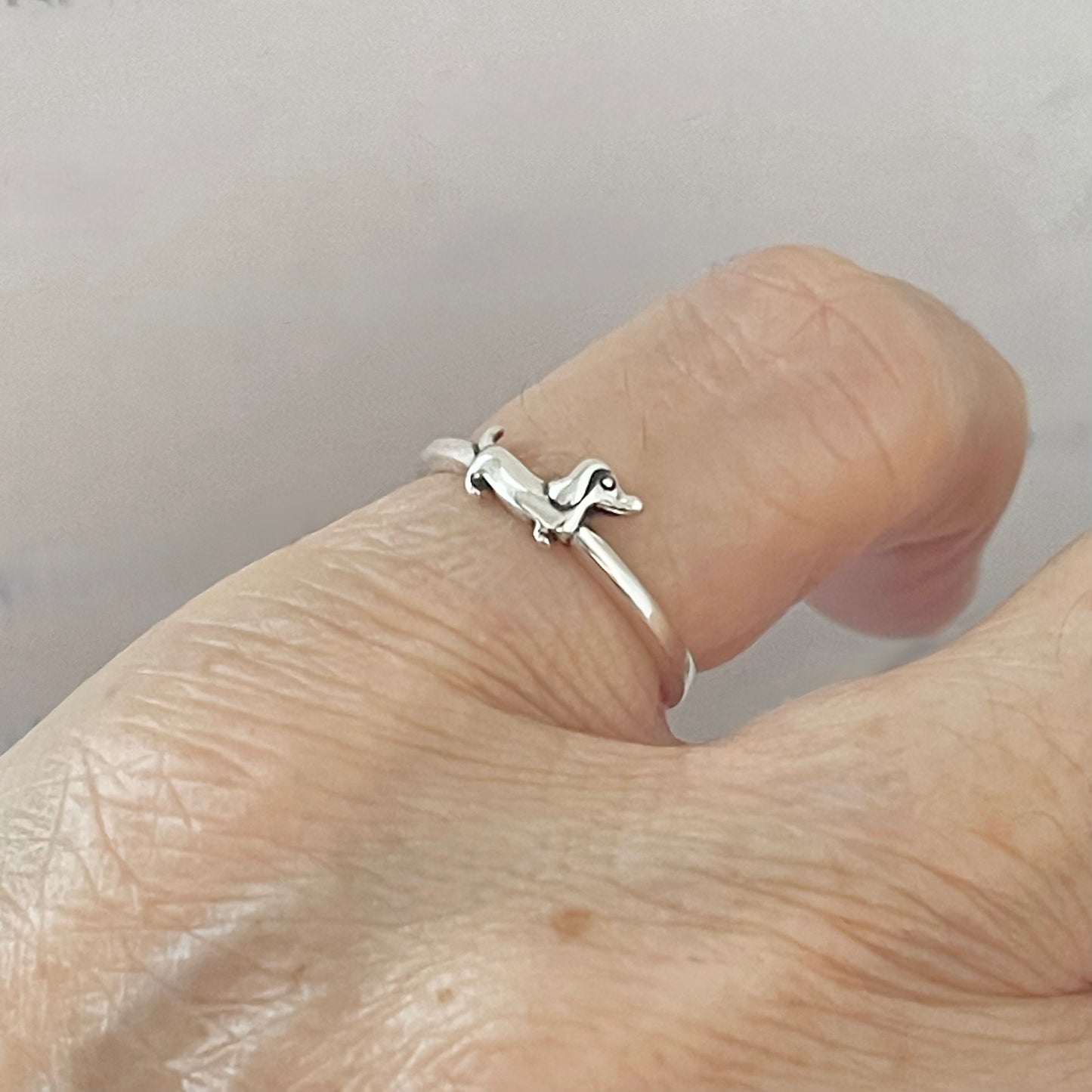 Sterling Silver Tiny Weiner Dog Ring, Puppy Rings, Animal Jewelry