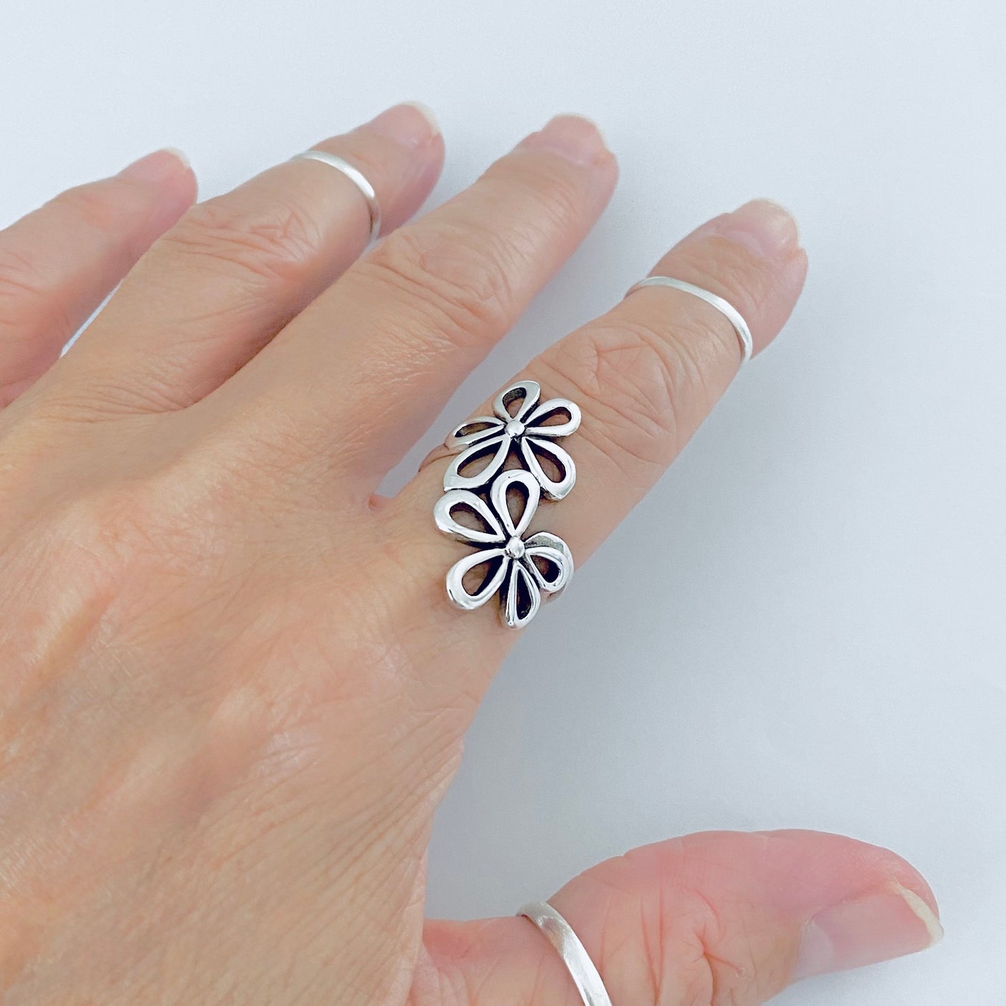 Sterling Silver Double Daisy Flower Ring – Statement Floral Boho Silver Rings