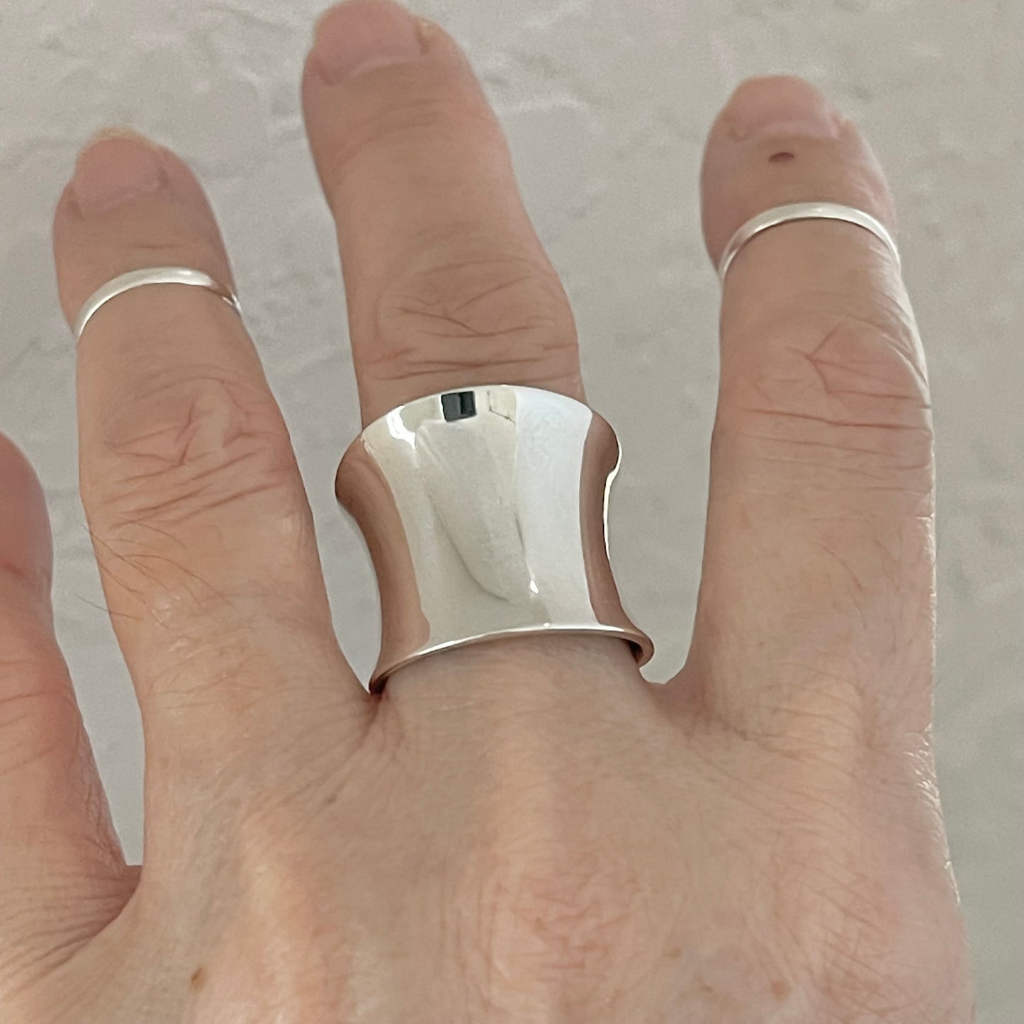 Sterling Silver Large Thin Concave Ring, Statement Silver Rings, Wide Band