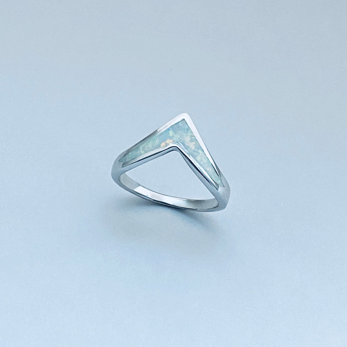 925 Sterling Silver V Shape White Lab Opal Ring | Chevron October Birthstone Silver Rings