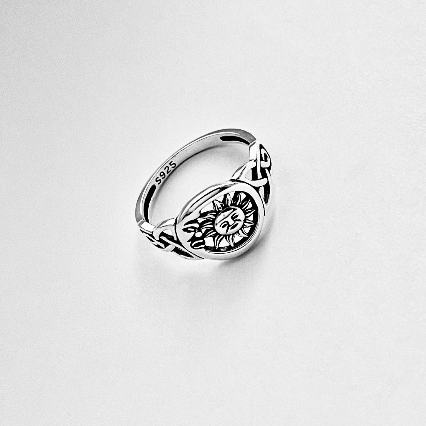 Sterling Silver Sun and Moon Face Ring – Celtic Triquetra Celestial Silver Rings