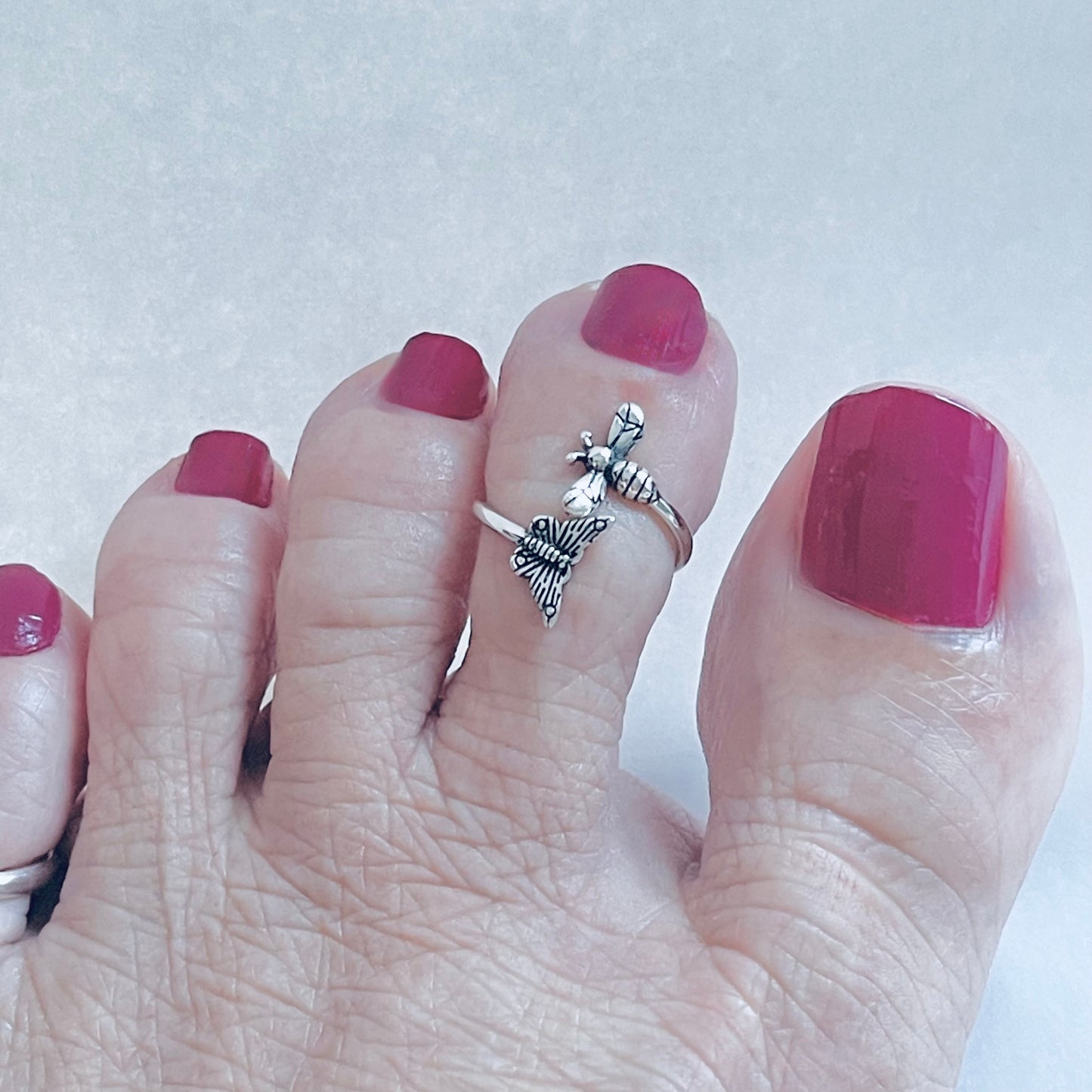 925 Sterling Silver Butterfly & Bee Toe Ring | Dainty Silver Rings for Women