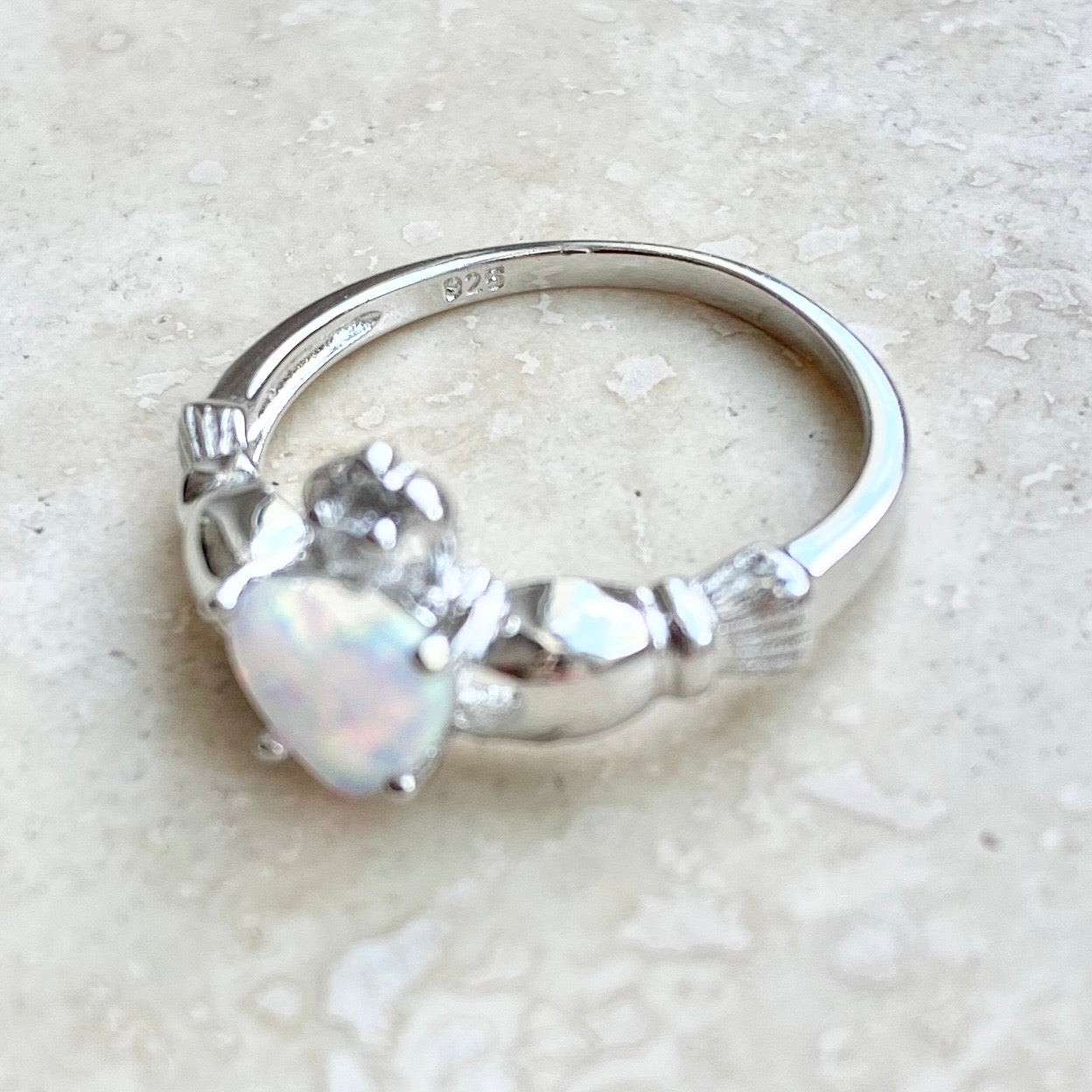 Sterling Silver White Lab Opal Heart Claddagh Ring | Irish Friendship Jewelry