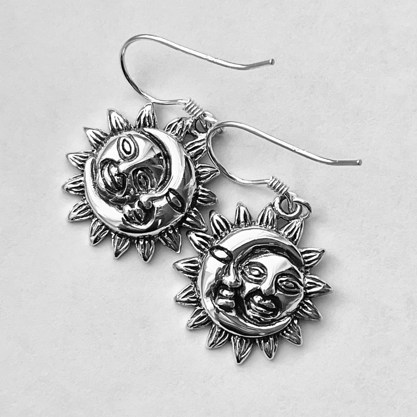 Sterling Silver Large Dangle Face Moon and Sun Earring, Celestial Earring, Silver Earrings