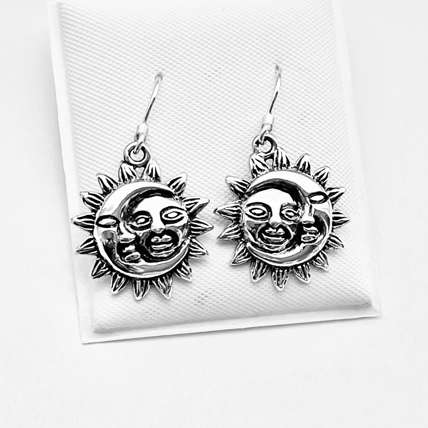 Sterling Silver Large Dangle Face Moon and Sun Earring, Celestial Earring, Silver Earrings