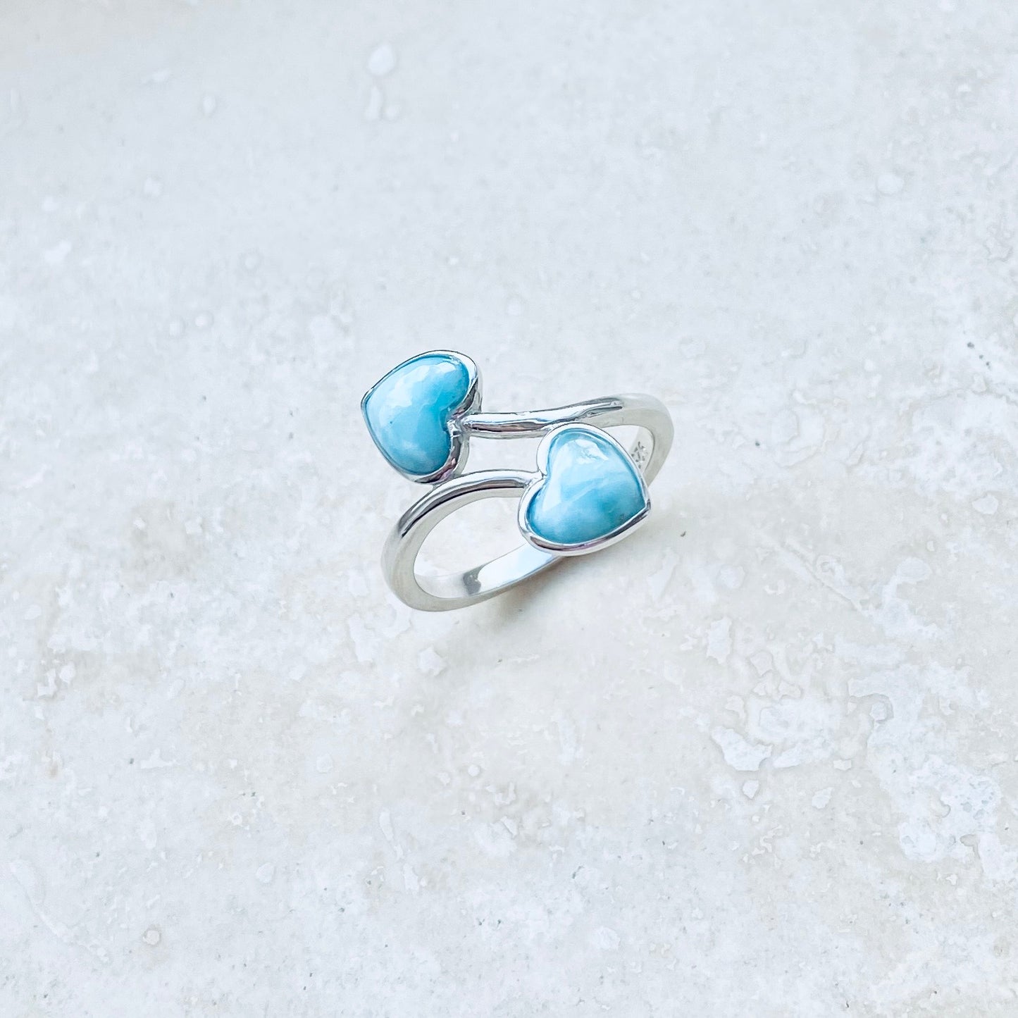 Sterling Silver Genuine Larimar Double Heart Ring | Love Hearts, Healing Stone Jewelry