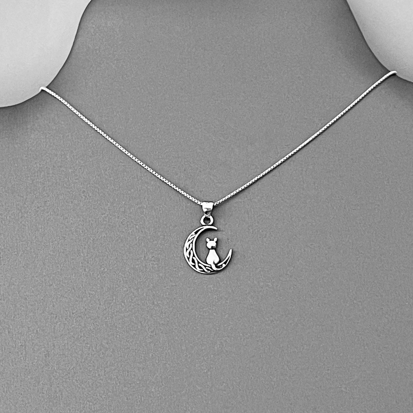 Sterling Silver Cat on Celtic Crescent Moon Necklace – Celestial Dainty Pendant Chain