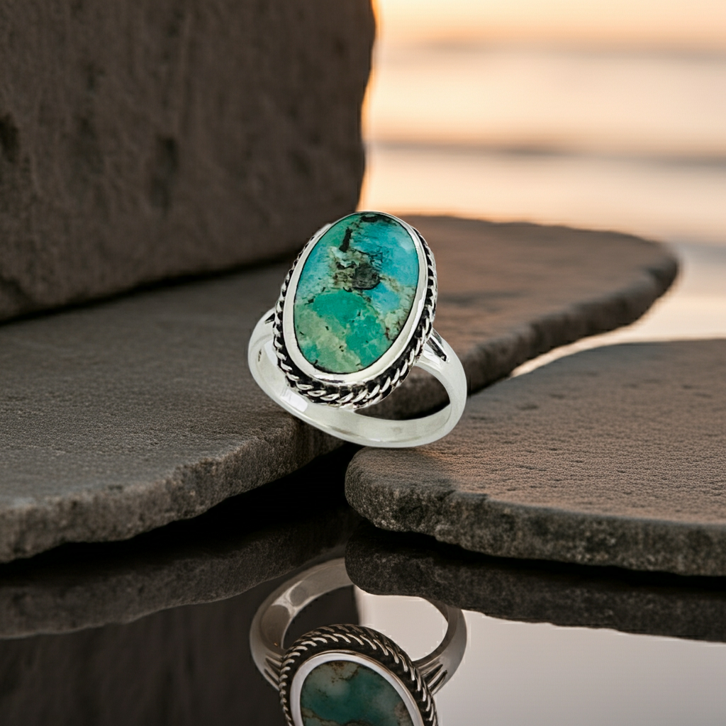 Statement Oval Genuine Turquoise Ring with Braid Sterling Silver, Stone Silver Rings