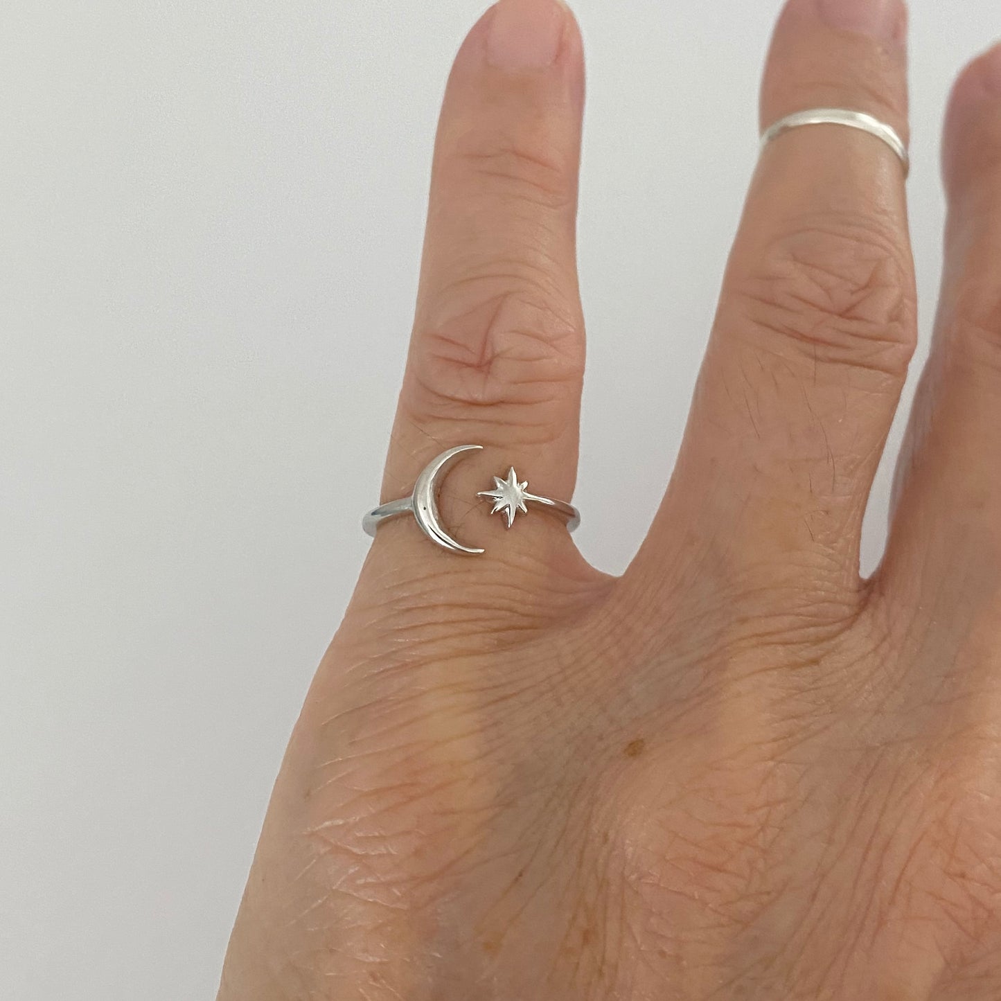 Sterling Silver Delicate Moon and Twinkle Star Toe Ring, Celestial Silver Rings