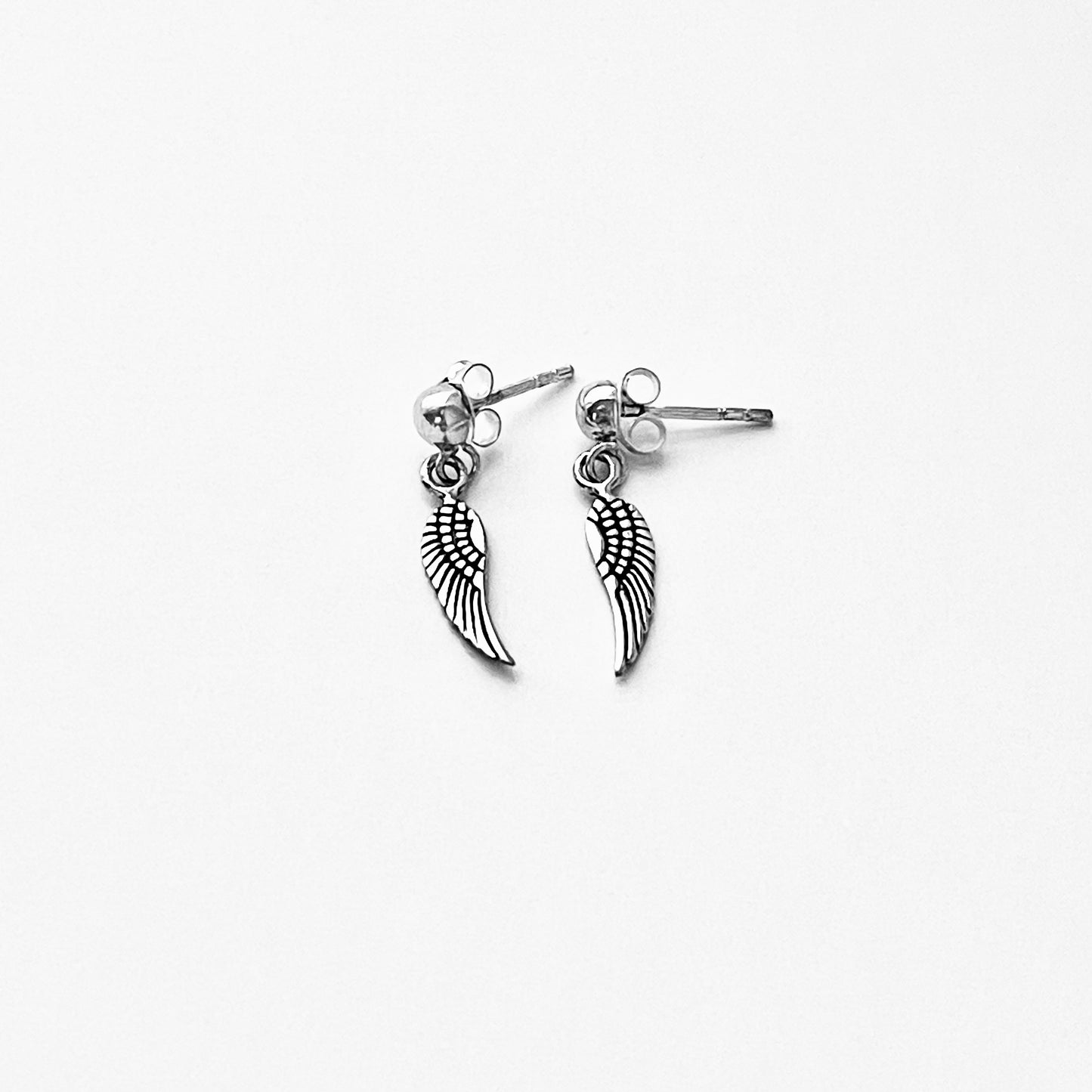 Sterling Silver Small Drop Angle Wings Stud Earring, Silver Earrings, Feather, Birds, Angels