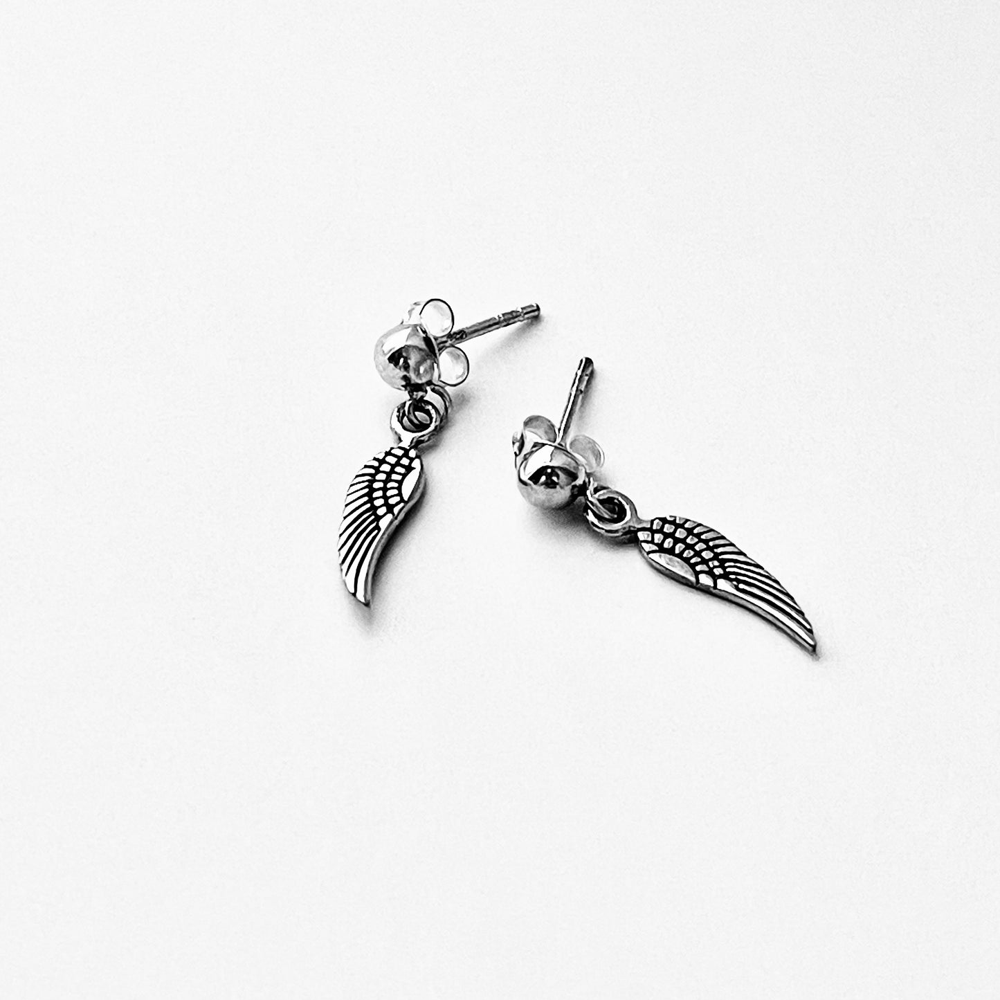 Sterling Silver Small Drop Angle Wings Stud Earring, Silver Earrings, Feather, Birds, Angels