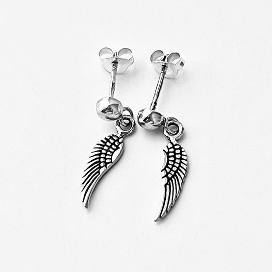 Sterling Silver Small Drop Angle Wings Stud Earring, Silver Earrings, Feather, Birds, Angels
