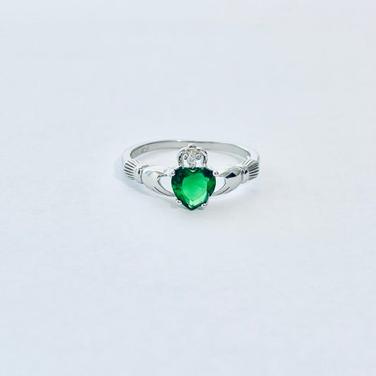 925 Sterling Silver Emerald CZ Heart Claddagh Ring | May Birthstone Irish Friendship Loyalty Rings