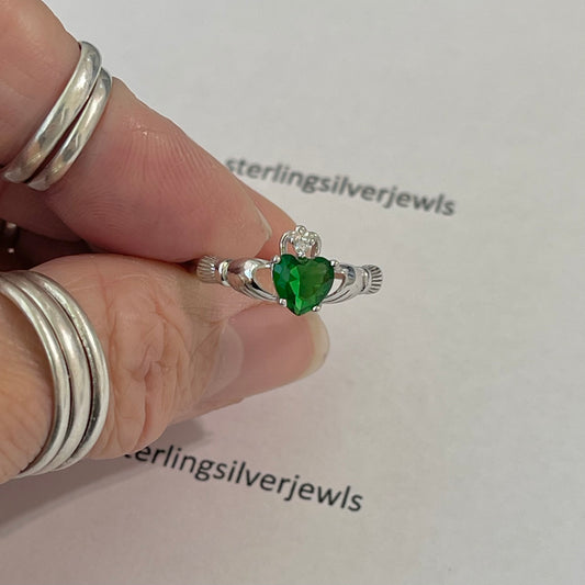 Sterling Silver Emerald CZ Heart Claddagh Ring, May Birthstone Silver Ring, Friendship Rings