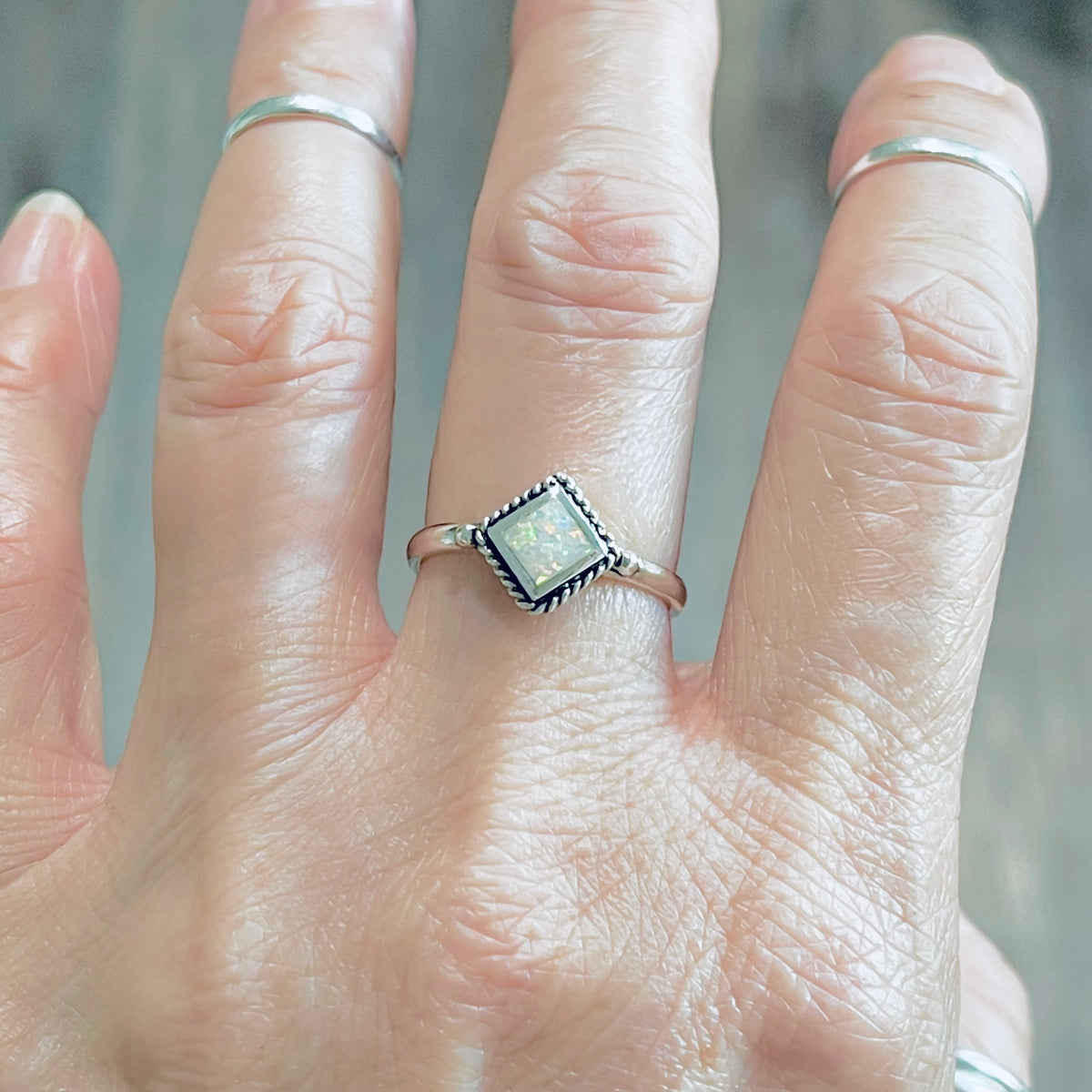 Sterling Silver Diamond Shape White Lab Opal Ring with Braid – Dainty October Birthstone Rings