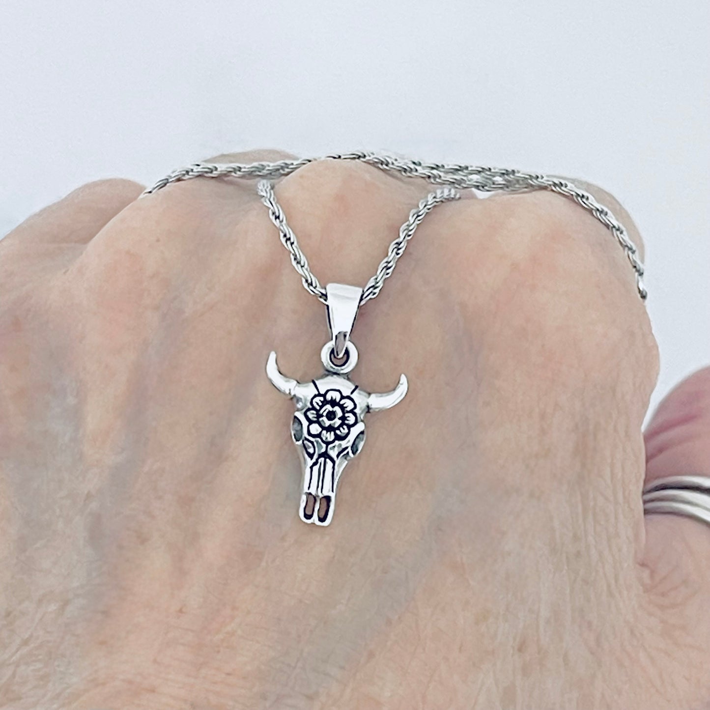 925 Sterling Silver Bull Skull Flower Necklace | Unisex Rodeo Silver Pendant and Chain