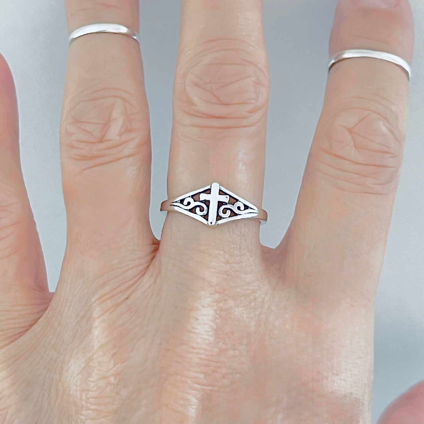 Sterling Silver Swirl Cross Ring – Dainty Religious Statement Rings