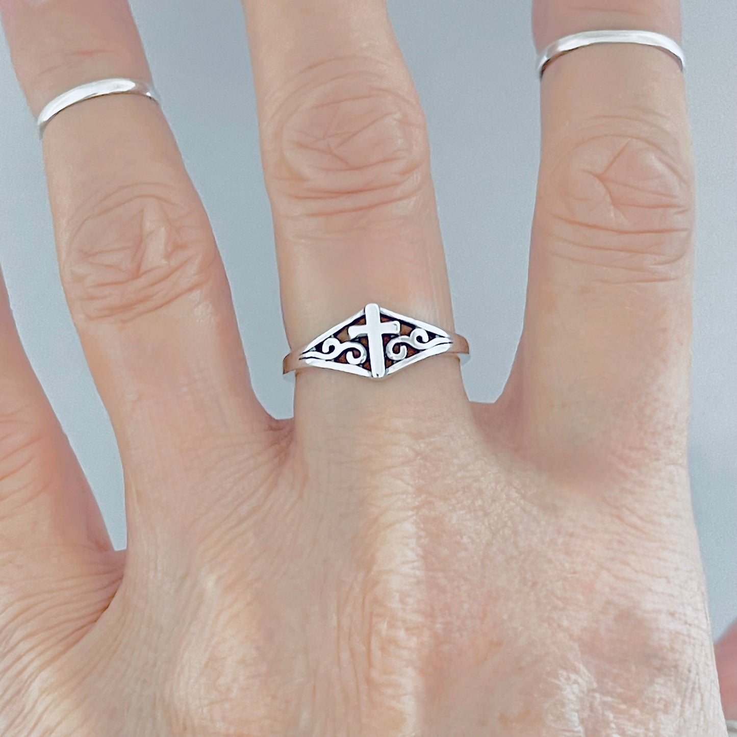 Sterling Silver Swirl Cross Ring – Dainty Religious Statement Rings