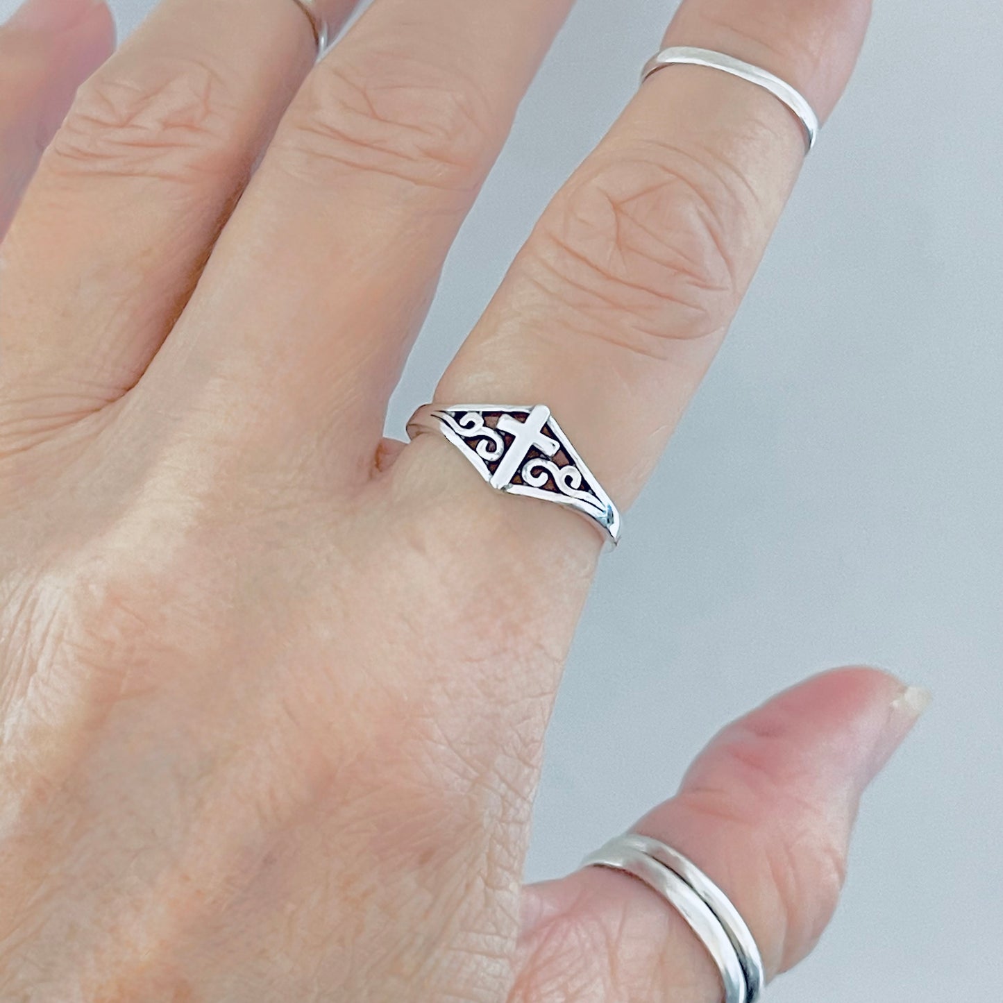 Sterling Silver Swirl Cross Ring – Dainty Religious Statement Rings