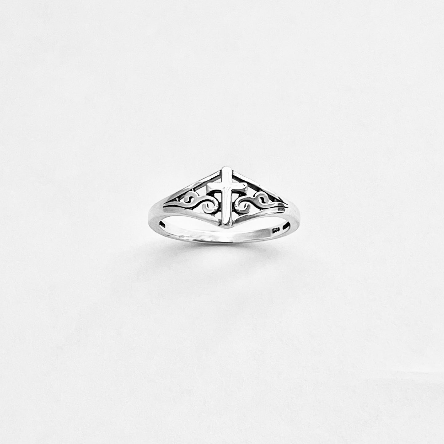 Sterling Silver Swirl Cross Ring – Dainty Religious Statement Rings