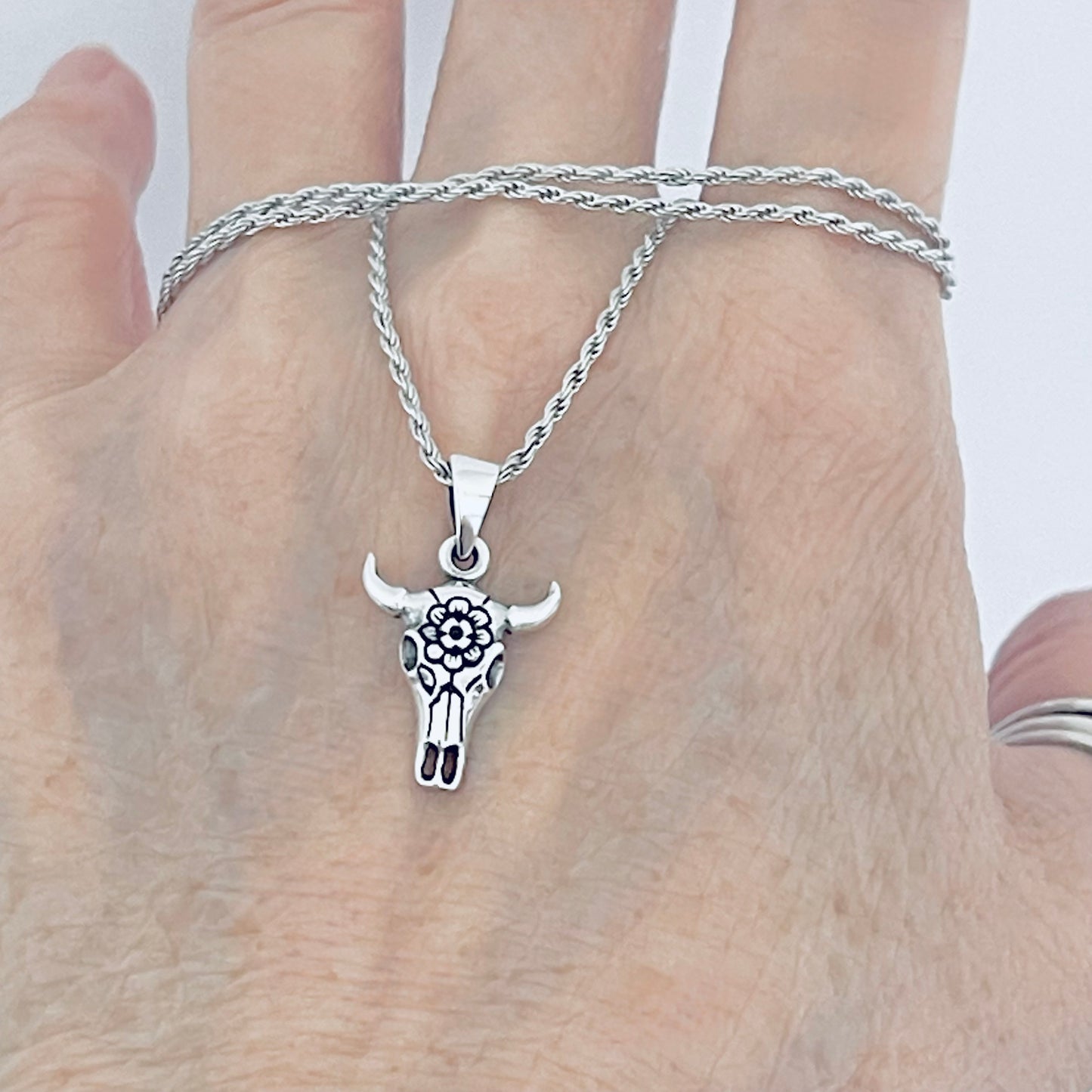 925 Sterling Silver Bull Skull Flower Necklace | Unisex Rodeo Silver Pendant and Chain