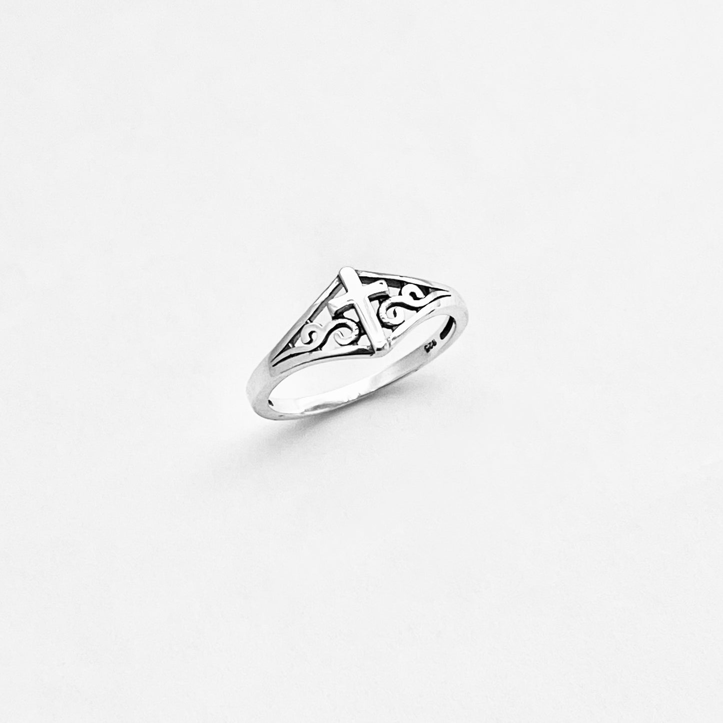 Sterling Silver Swirl Cross Ring – Dainty Religious Statement Rings