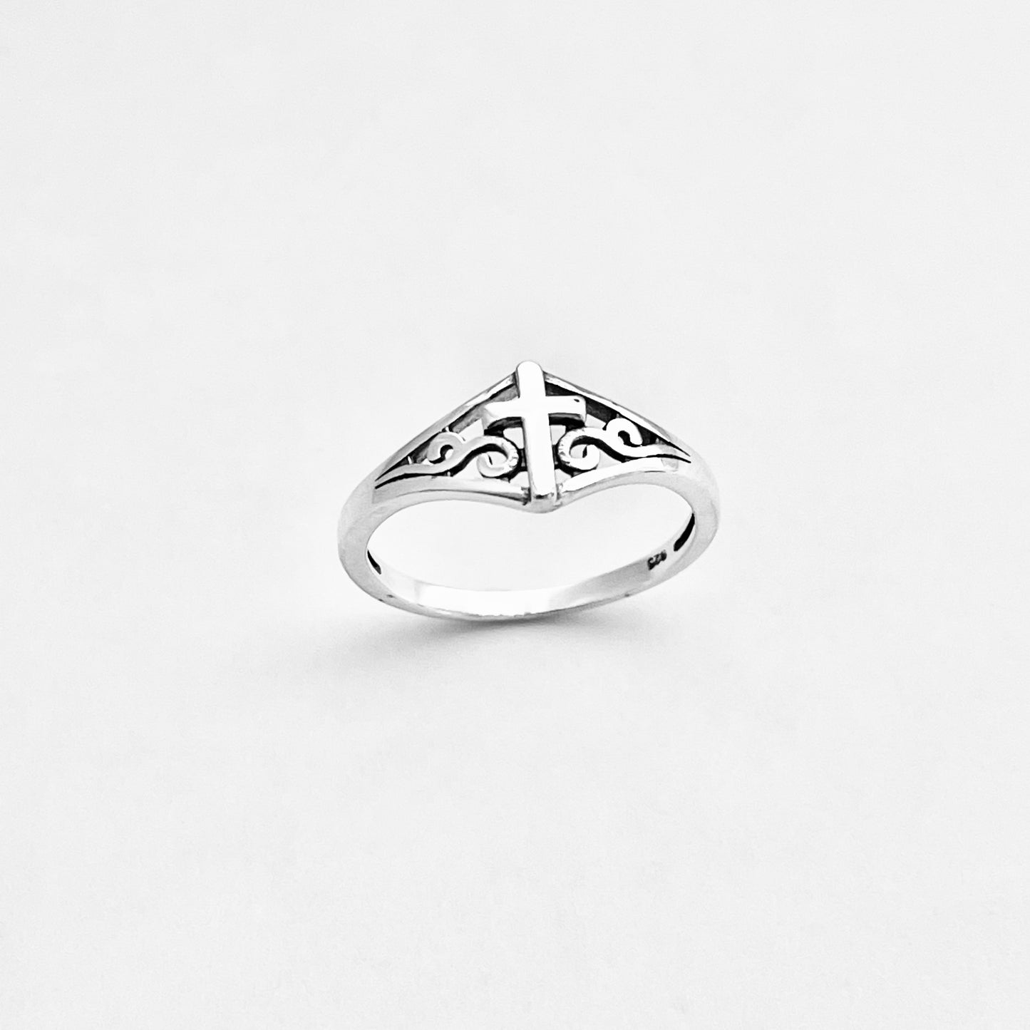 Sterling Silver Swirl Cross Ring – Dainty Religious Statement Rings