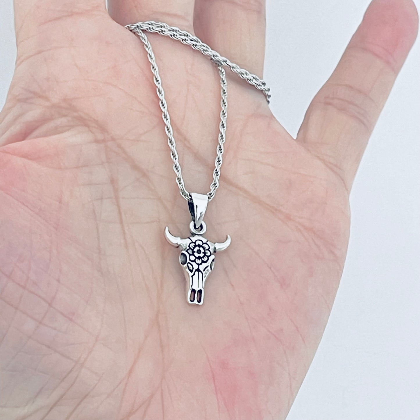 925 Sterling Silver Bull Skull Flower Necklace | Unisex Rodeo Silver Pendant and Chain