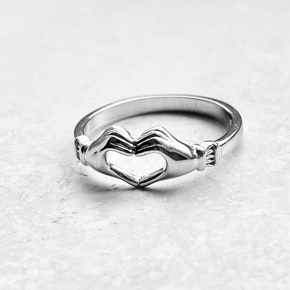 Sterling Silver Love Heart Hand Ring, Minimalist Claddagh Heart Silver Ring