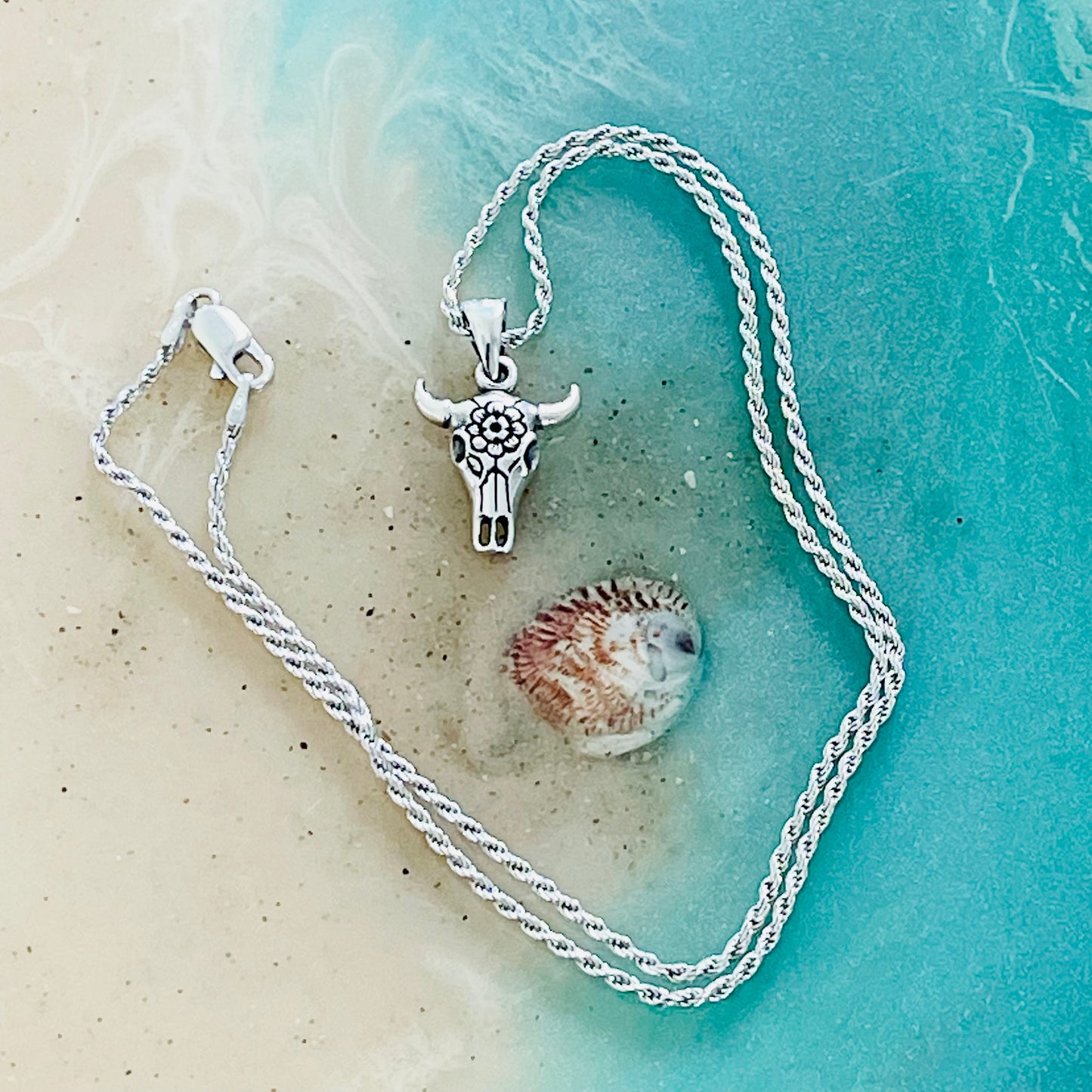 925 Sterling Silver Bull Skull Flower Necklace | Unisex Rodeo Silver Pendant and Chain
