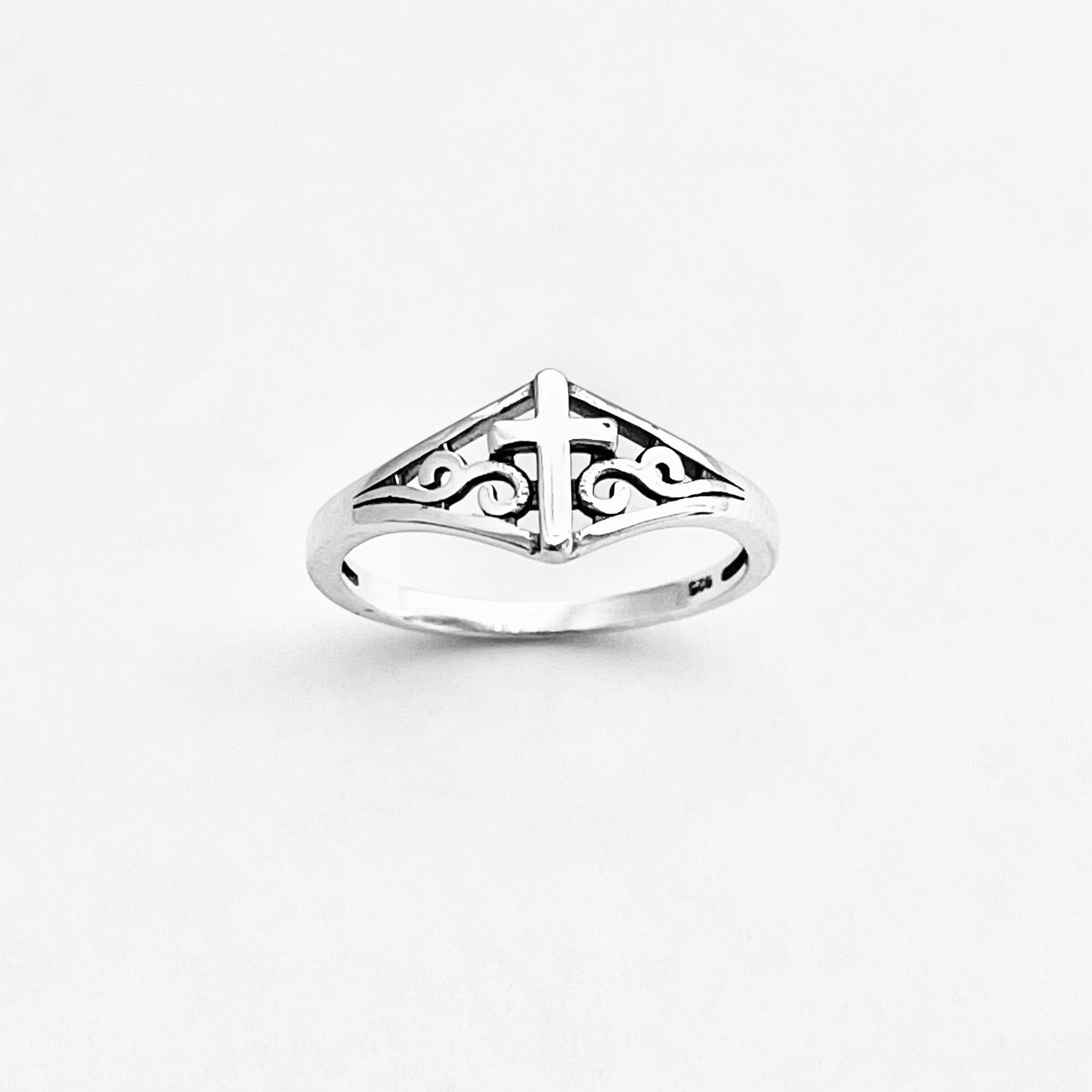 Sterling Silver Swirl Cross Ring – Dainty Religious Statement Rings