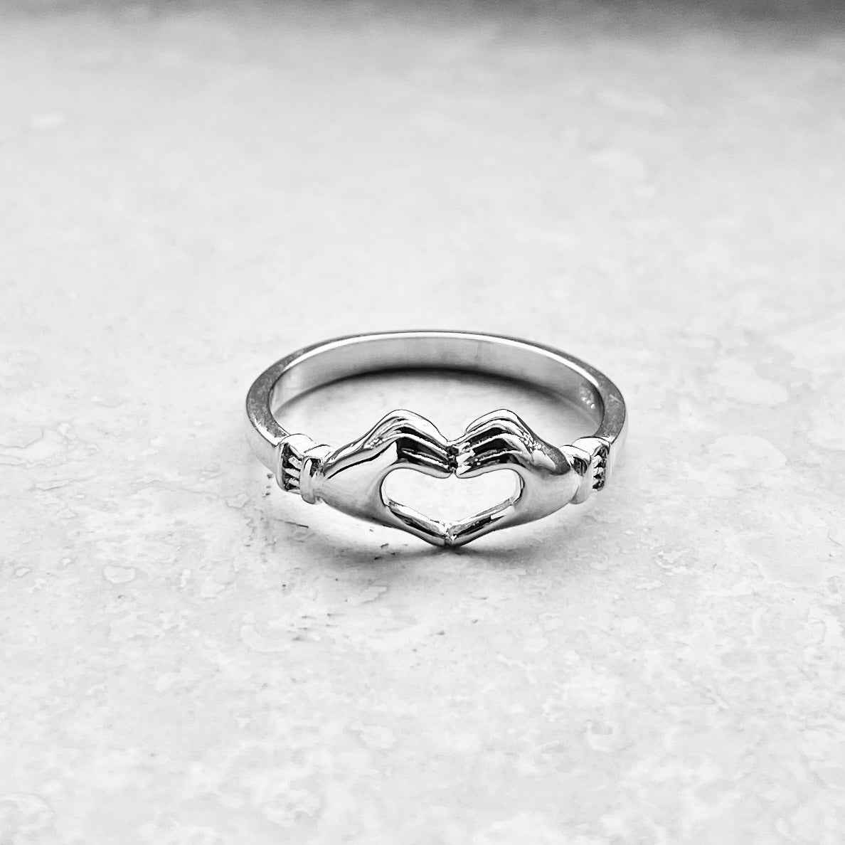 Sterling Silver Love Heart Hand Ring, Minimalist Claddagh Heart Silver Ring