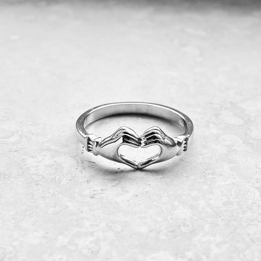 Sterling Silver Love Heart Hand Ring, Minimalist Claddagh Heart Silver Ring