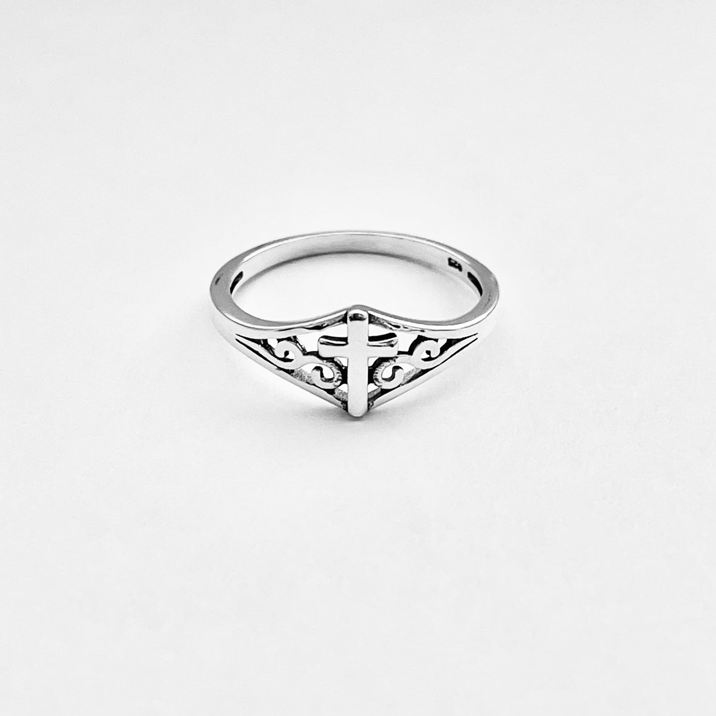 Sterling Silver Swirl Cross Ring – Dainty Religious Statement Rings
