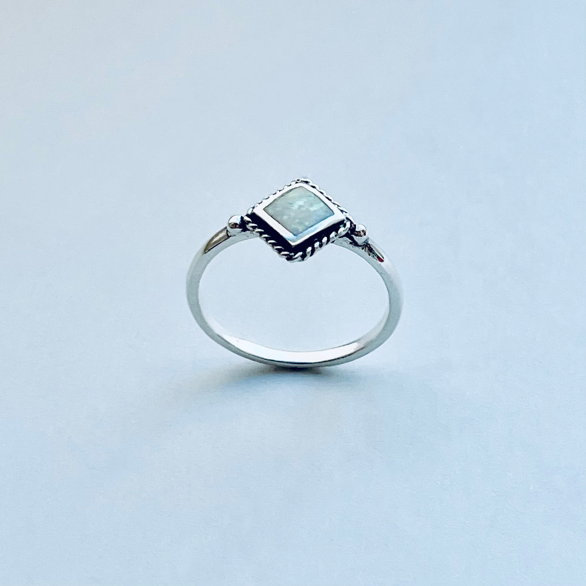 Sterling Silver Diamond Shape White Lab Opal Ring with Braid – Dainty October Birthstone Rings