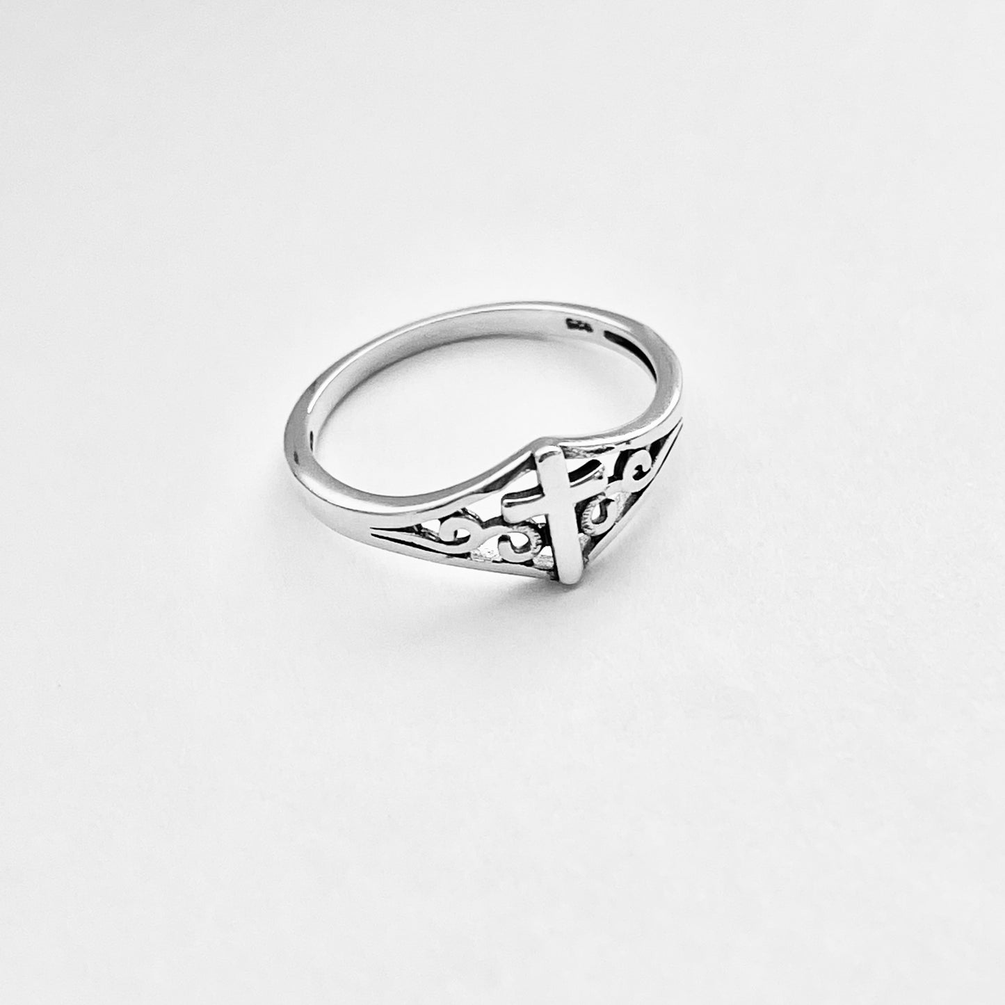 Sterling Silver Swirl Cross Ring – Dainty Religious Statement Rings