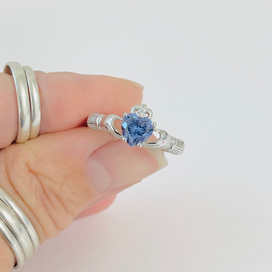925 Sterling Silver Tanzanite CZ Heart Claddagh Ring | December Birthstone Irish Friendship Loyalty Ring