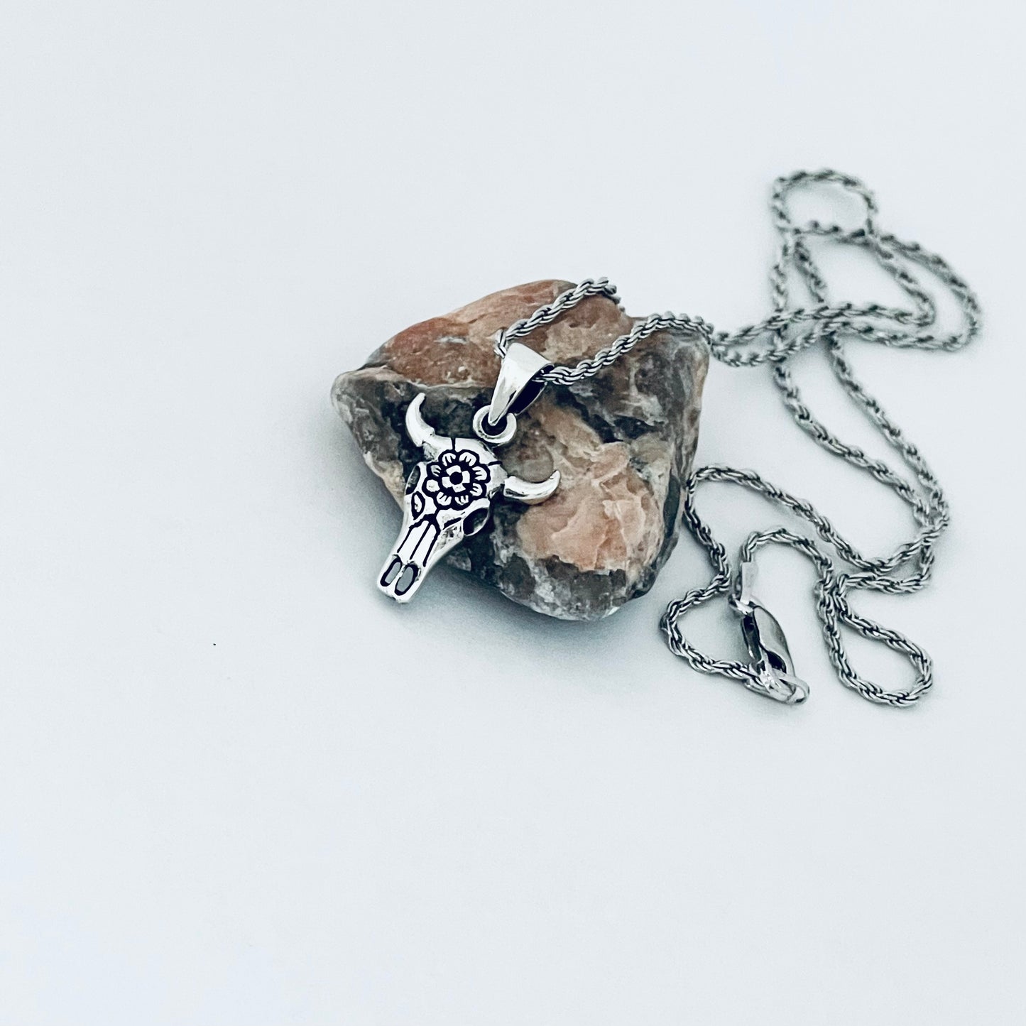 925 Sterling Silver Bull Skull Flower Necklace | Unisex Rodeo Silver Pendant and Chain