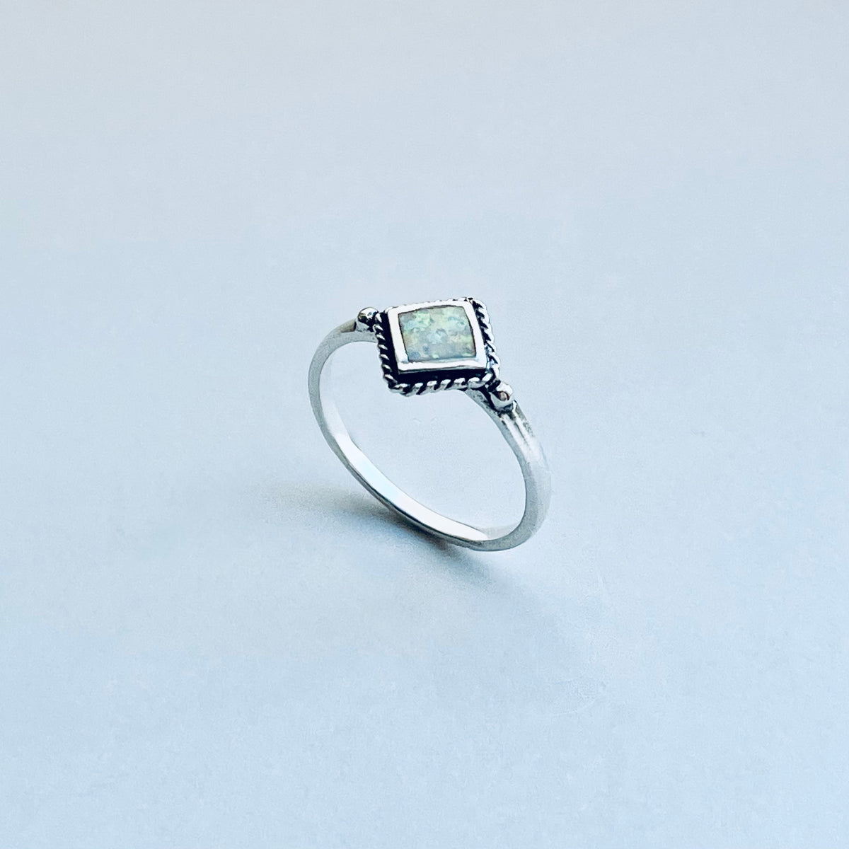 Sterling Silver Diamond Shape White Lab Opal Ring with Braid – Dainty October Birthstone Rings